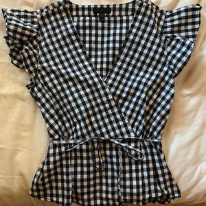 J Crew checkered top with tie and flutter sleeves